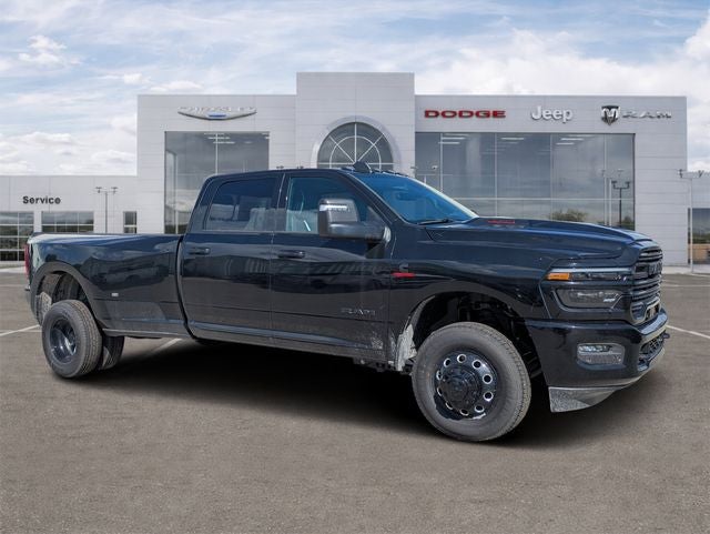 2026 RAM Ram 3500 RAM 3500 LARAMIE CREW CAB 4X4 8' BOX in Diamond Black Crystal Pearl-Coat Exterior Paint — front three-quarter view